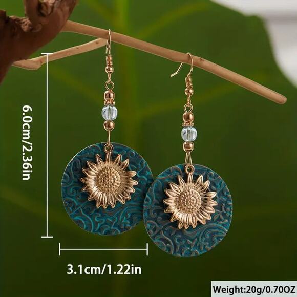 🎀Bohemian Sunflower Vintage Design Drop Earrings Jewelry Gifts | Turquoise/Gold - Picture 4 of 9